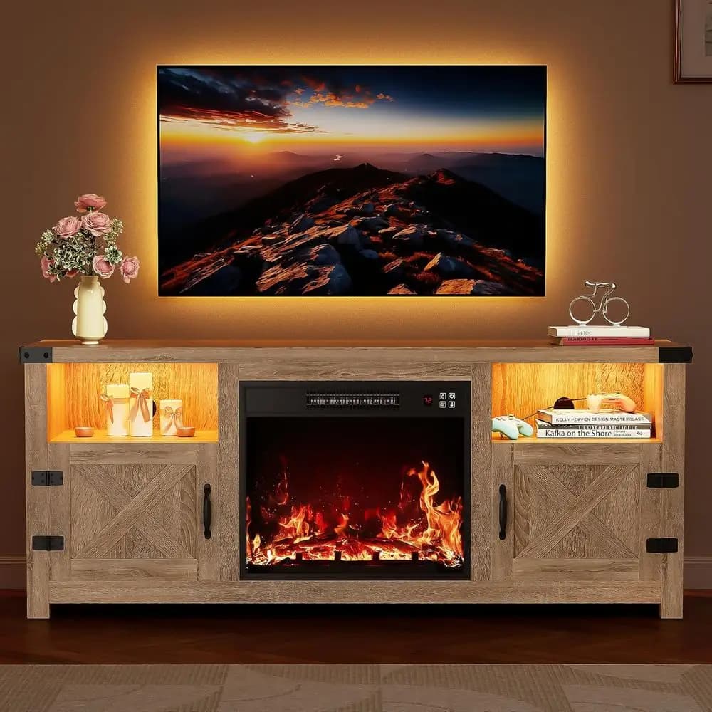 Mobile TV in Rovere Naturale da oltre 65 Pollici con Illuminazione d'Atmosfera, Ripiani Aperti e Sistema di Gestione Cavi Nascosto