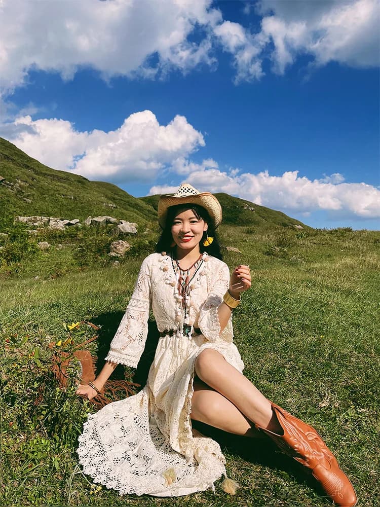 Abito Bohemien con Frange in Pizzo Ultra Leggero, Vita Alta, Gonna Lunga Slim, Stile Vacanza Estiva, in Cotone Lavato, Maniche Lunghe, Scollo a V, Linea ad A