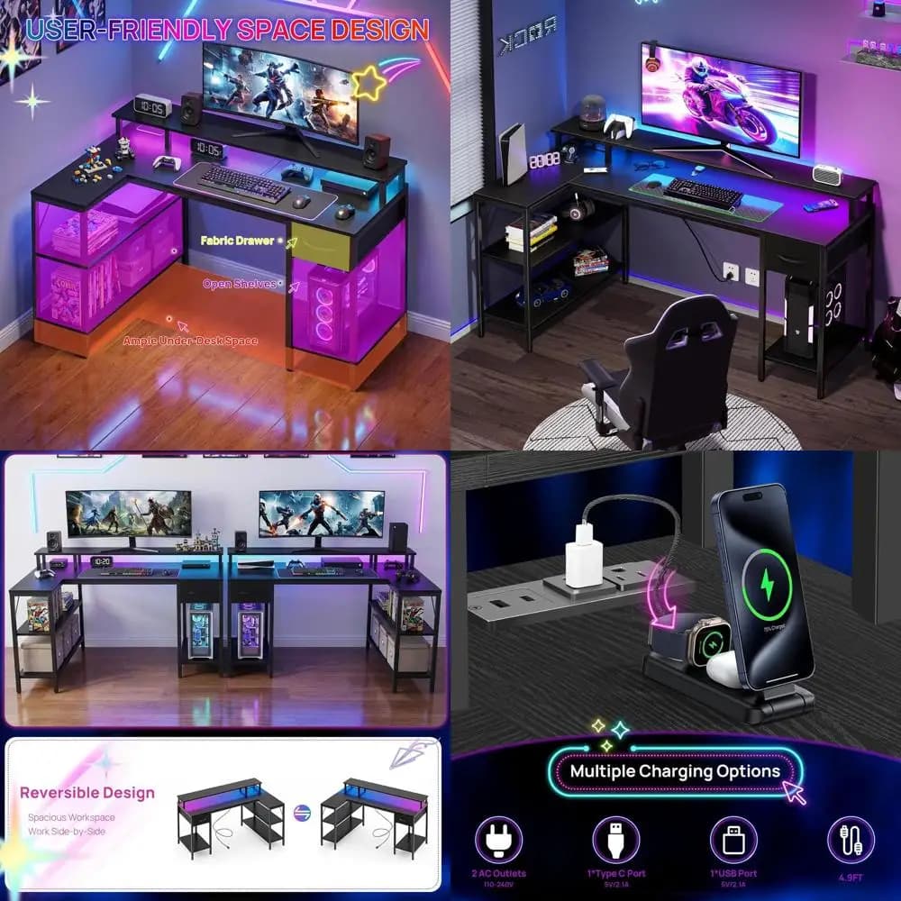 L Gaming desk with 47 LED lights, Drawers, Current and Support Monitor sockets for Home Office or Living Spaces in Black