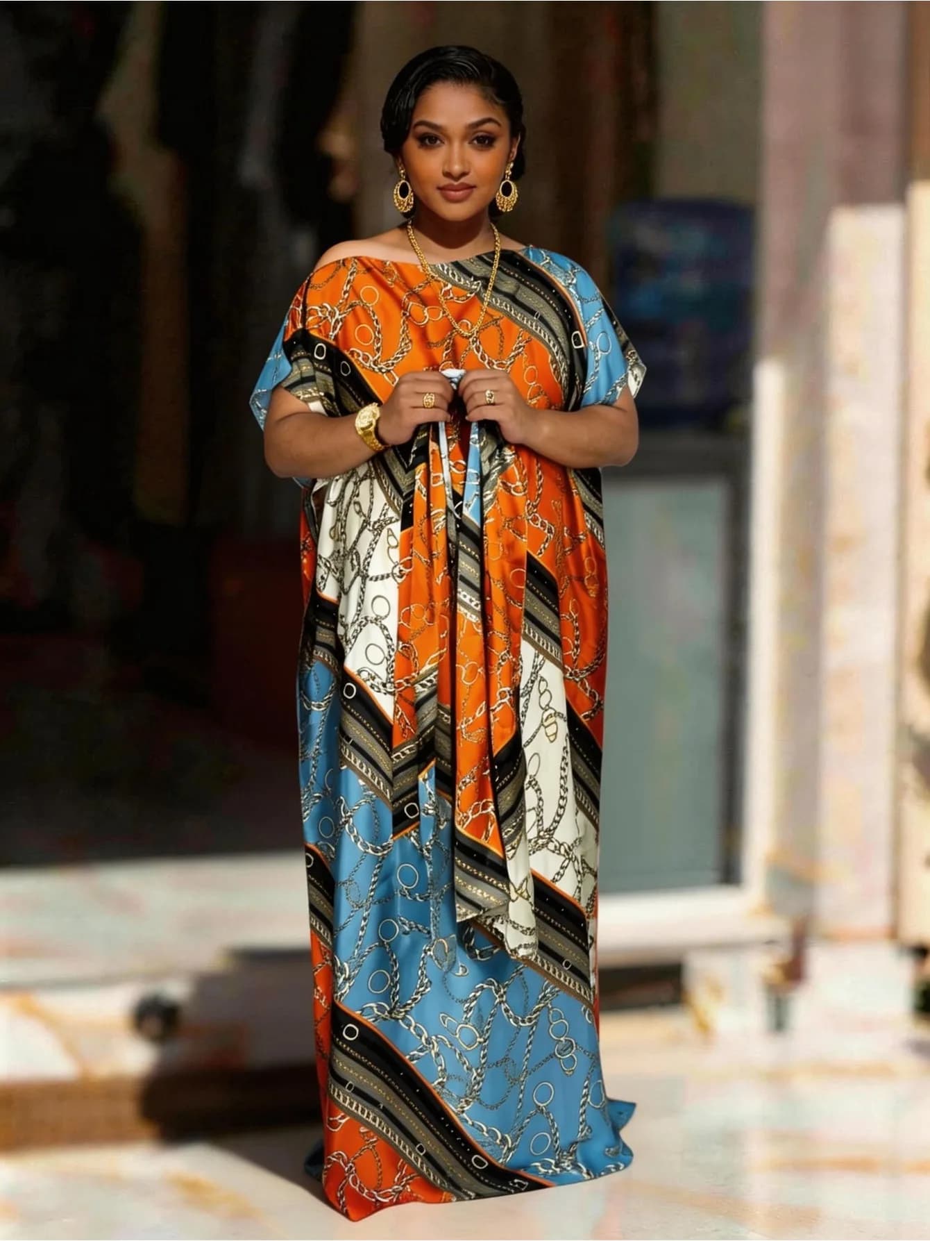 Set di 2 Pezzi Abito Lungo e Sciarpa Oversize in Stile Etnico Africano per Donna