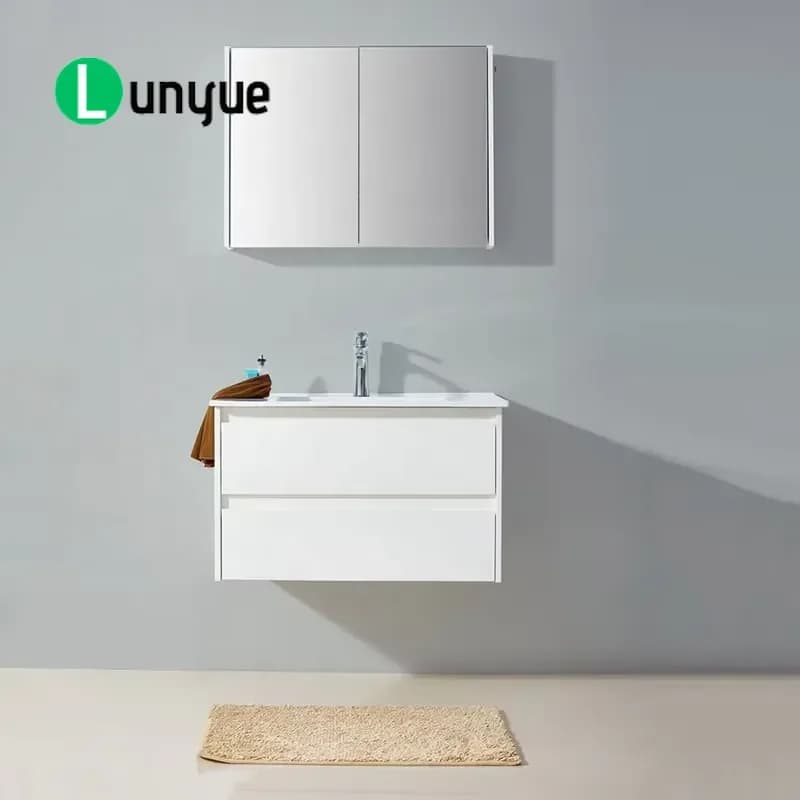 European Style White PVC Solid Wood Wall Mounted Bathroom Vanity Cabinet with 2 Doors Washbasin Makeup Mirror Set for Hotel