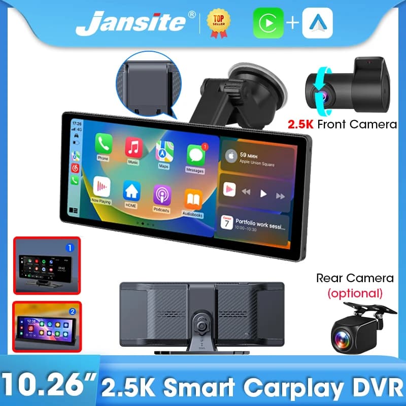 Jansite 10.26 "CarPlay Car DVR 2.5K Dashcam Rotation Front Cam Recoder Android Auto Double Lenten With Bracket AI Voice Night Vision