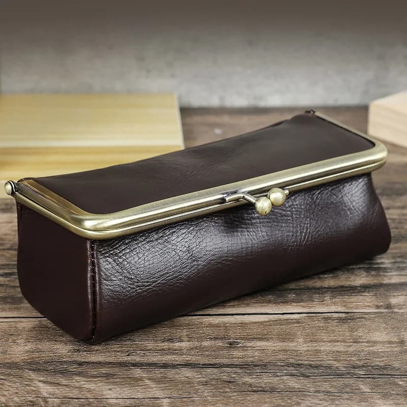 Genuine Leather Cowhide Kiss-Lock Sunglasses Case Hard Protective Boxes Cover Eyeglass Pouch Glasses Holder Eye Glass Organizer