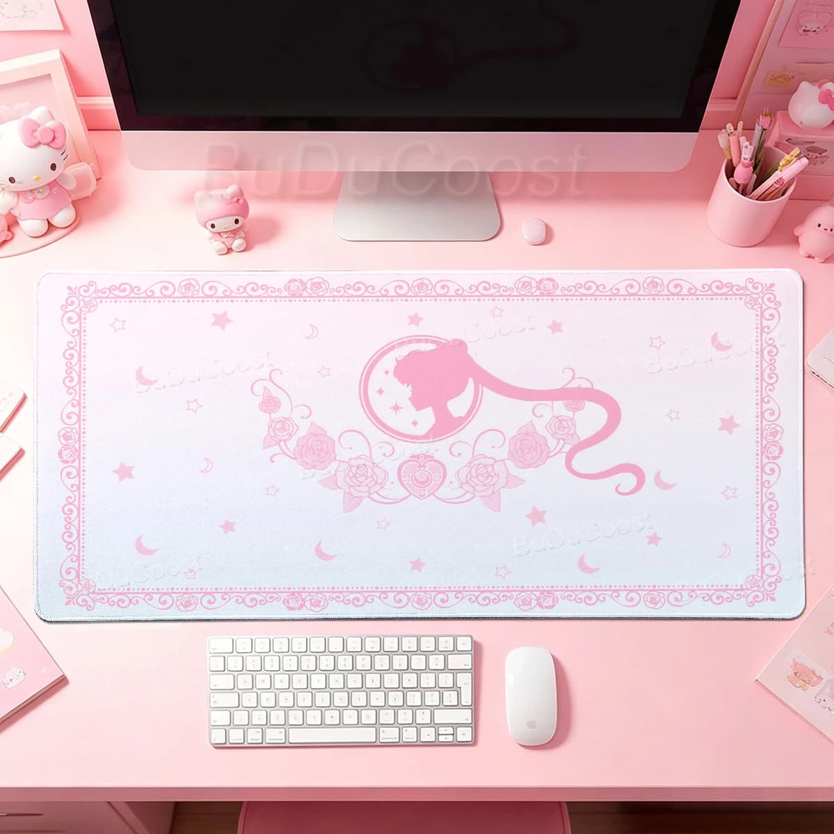 Tappetino per Mouse Rosa con Ragazze Anime Kawaii, Grande Mousepad Sailor Moon per PC Gamer, Accessori da Ufficio, Tappetino Estetico per Tastiera e Scrivania