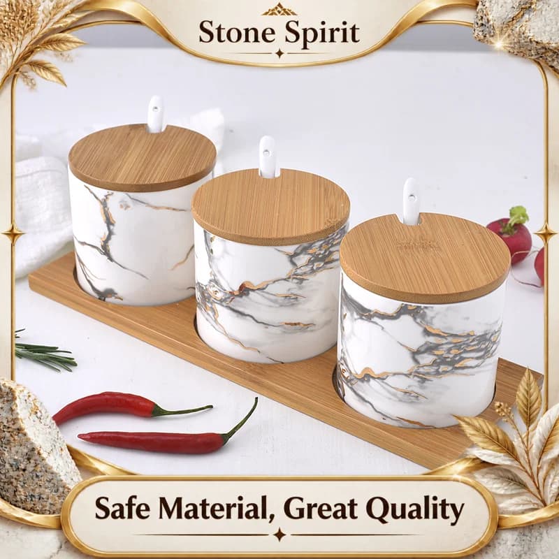 Ceramic Seasoning Jar with Wooden Lid, Spice Jar Set, Salt and Pepper Shakers，Seasoning Box, Chopstick Holder, Kitchen Supplies