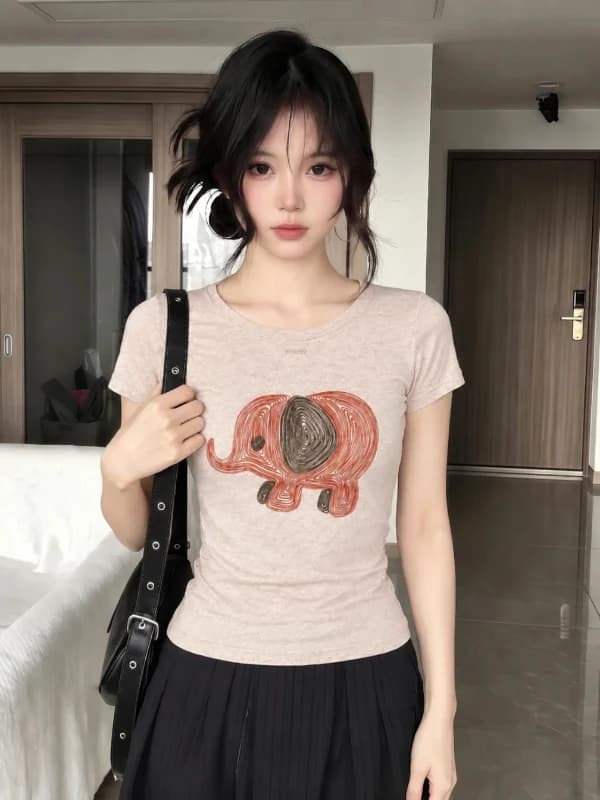 plus Size American Style Short Sleeve T-Shirt Summer 2026 Women's Fashion New Elephant Print Luxury Top Versatile Basic Crew ...