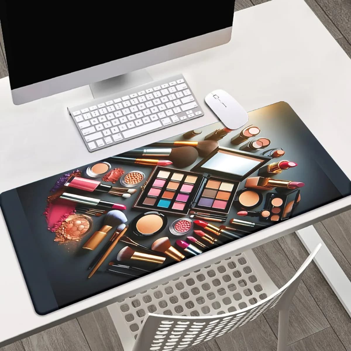 Tappetino per mouse con design di pennelli e palette di ombretti, grande tappetino da scrivania per gaming, base in gomma antiscivolo per PC e laptop