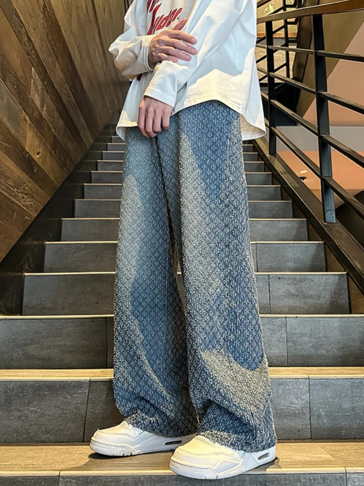 Jeans da Uomo Starry Night in Denim, Gamba Dritta, Stile Bell Bottom, Pantaloni Larghi e Drappeggiati, Design Americano Trendy, Jeans Estivi
