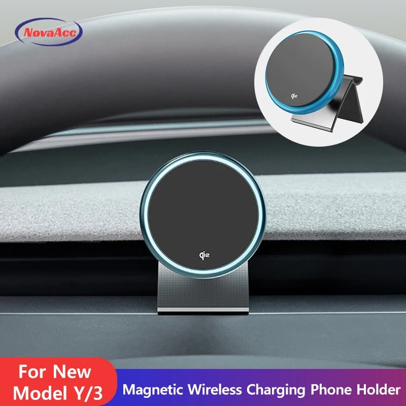 Car Charger Base Transparent Magnetic Phone Holder for Tesla Model Y Juniper 2025+ 3 Highland 2024 - 2025 15W Wireless Charging