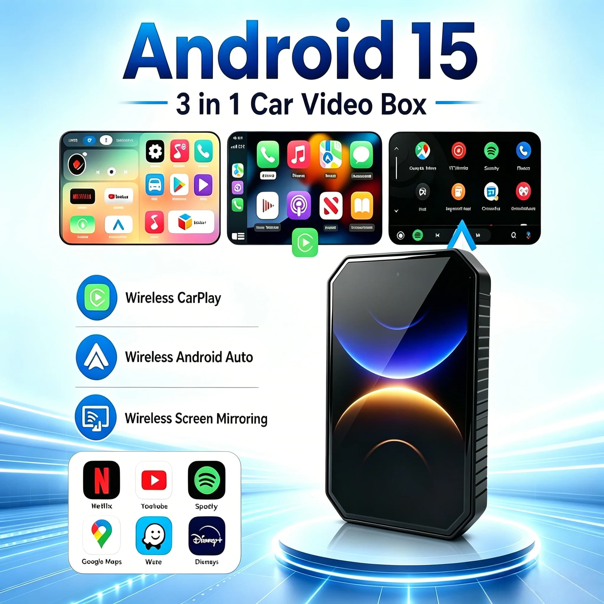 2026 PLAYAIBOX Android 15 3 in 1 Wireless CarPlay Smart AI Box Android Auto Adapter Plug Play Car TV Box Support YouTube Netflix