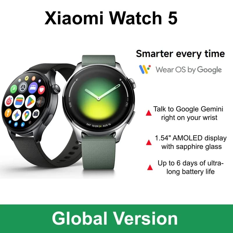 Versione Globale Xiaomi Watch 5 Display AMOLED da 1,54" con Vetro Zaffiro 6 Giorni di Autonomia Wear OS by Google Conversazione con Google Gemini