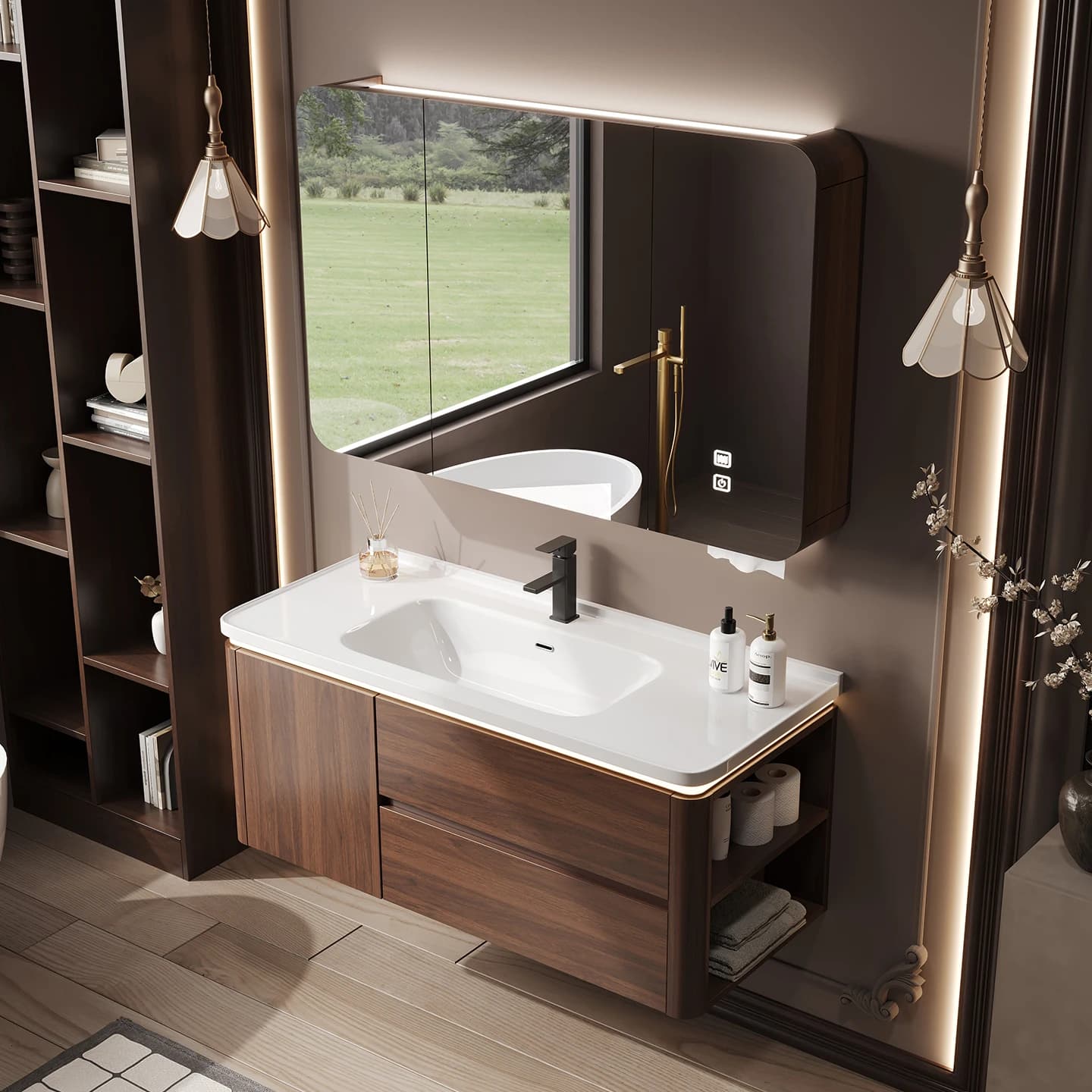 Armadietto a specchio Armadietto da bagno ad arco color noce medievale Combinazione bagno Tavolo da bagno integrato in ceramica Lavabo
