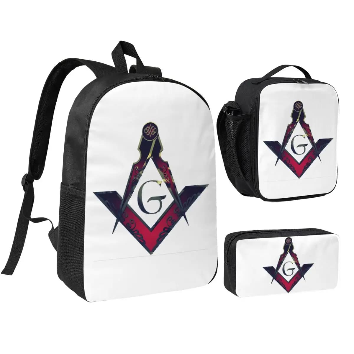 Zaino massonico Freemason Compass, borsa per libri per studenti, borsa da scuola, borse a tracolla, 3 pezzi, borsa termica per il pranzo, astuccio per matite