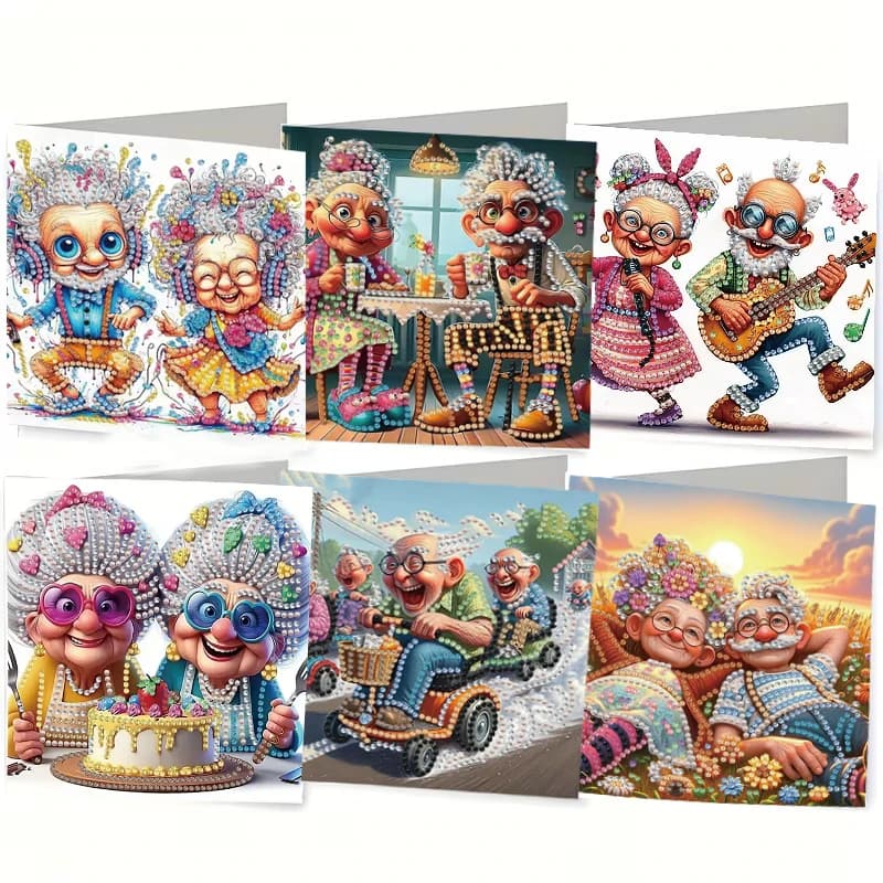 Kit di pittura diamante fai da te da 6 pezzi/set Kit di carte di compleanno, design unico del modello della nonna, mosaico artistico con pittura diamante strass po