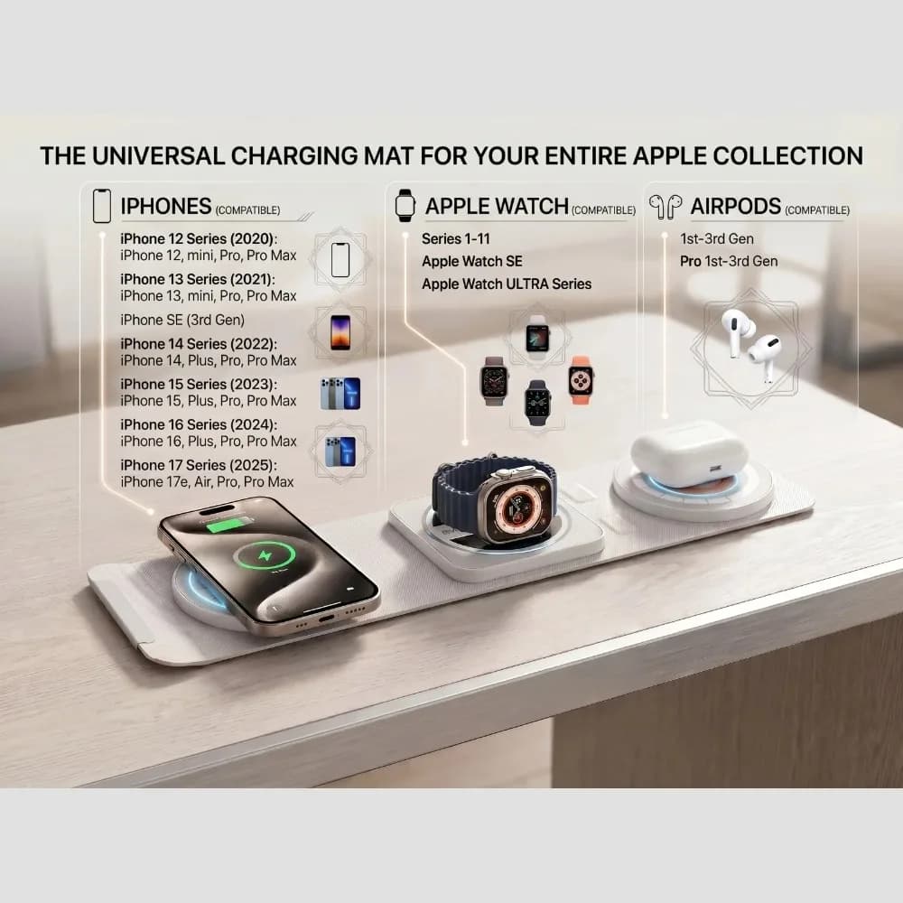 3 in 1 Fast Charging Station Desk Wireless Charger Pad For iPhone 17 16 15 14 13 12 Apple Watch 11 10 9 8 7 Airpods Pro 4/3/2