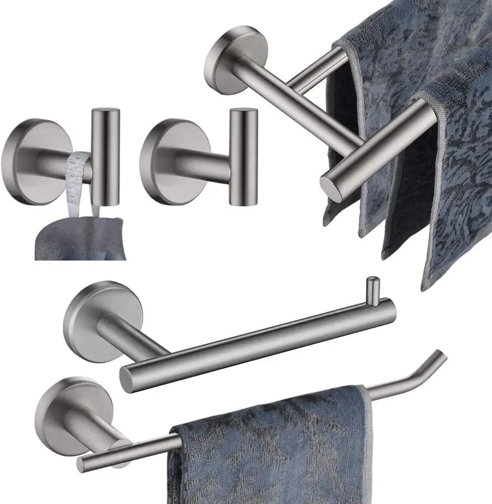 Set di accessori per il bagno da 5 pezzi con portasciugamani, porta carta igienica e ganci in finitura spazzolata