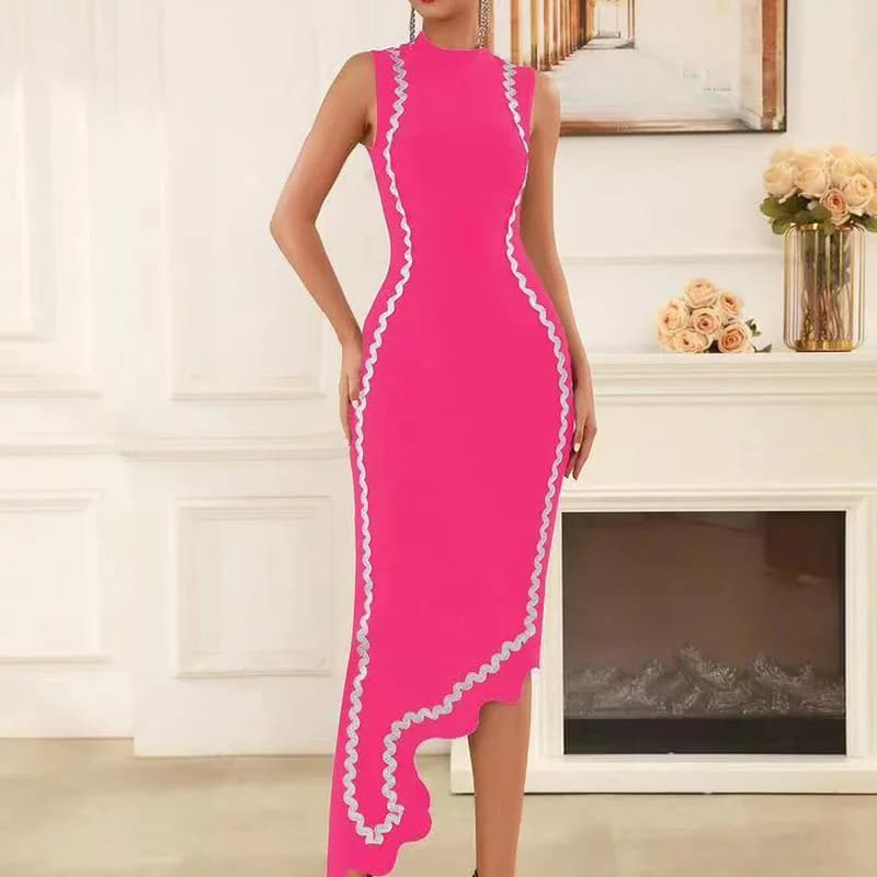 Elegant Striped Color Block Sleeveless round Neck Wrap Dress Elegant Ladylike Style Midi Dress for Autumn Citywalk