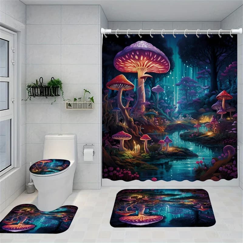 4pcs Mystical Moonlit Forest Shower Curtain And Mats, Glowing Mushrooms Shower Curtain, Sparkling Fairy-Like Creatures, And To