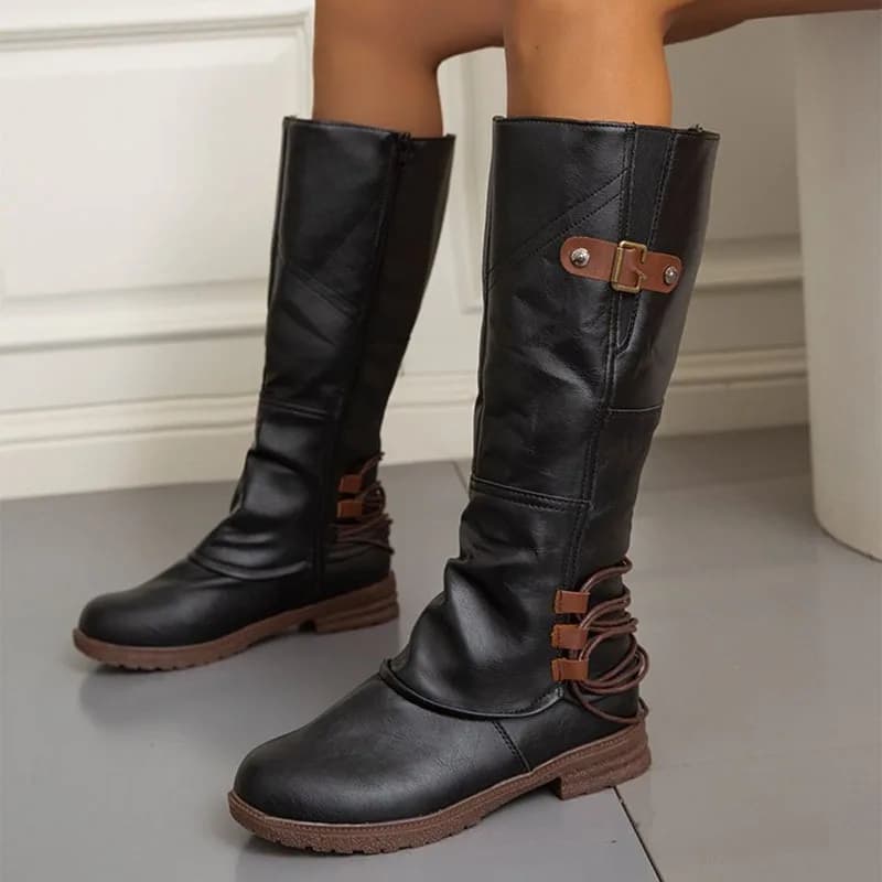 Comemore Autumn and Winter New High Knee Boots for Women High Leather Boots with Square Low Heel Roman Style Long Botas Belt Buckle