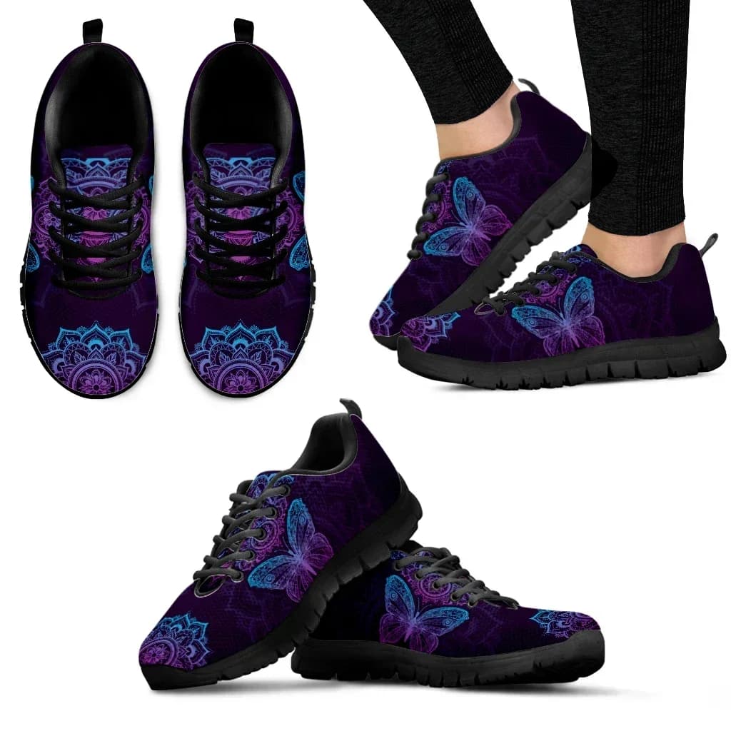 Purple Bohemian Mandala Flower Design Lightweight Outdoor Shoes Butterfly Pattern Comfortable Platform Sneakers