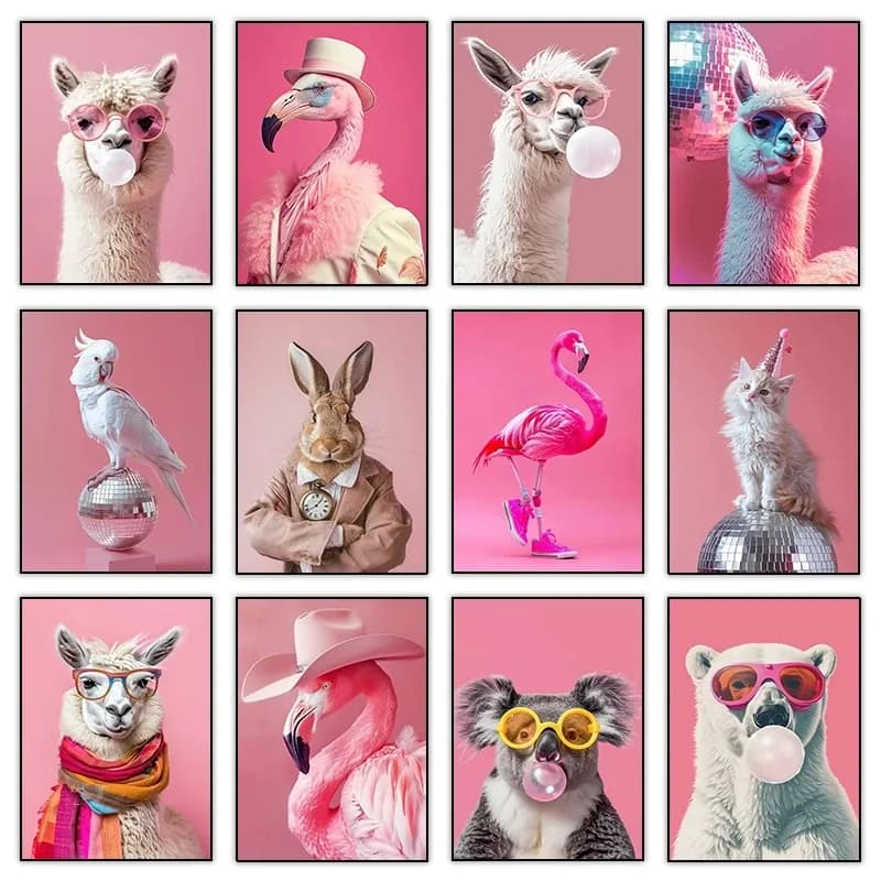 Funny Cute Animal Bubble Party Disco Pink Posters Kitten Llama Koala Prints Canvas Painting Wall Art Picture for Room Home Decor