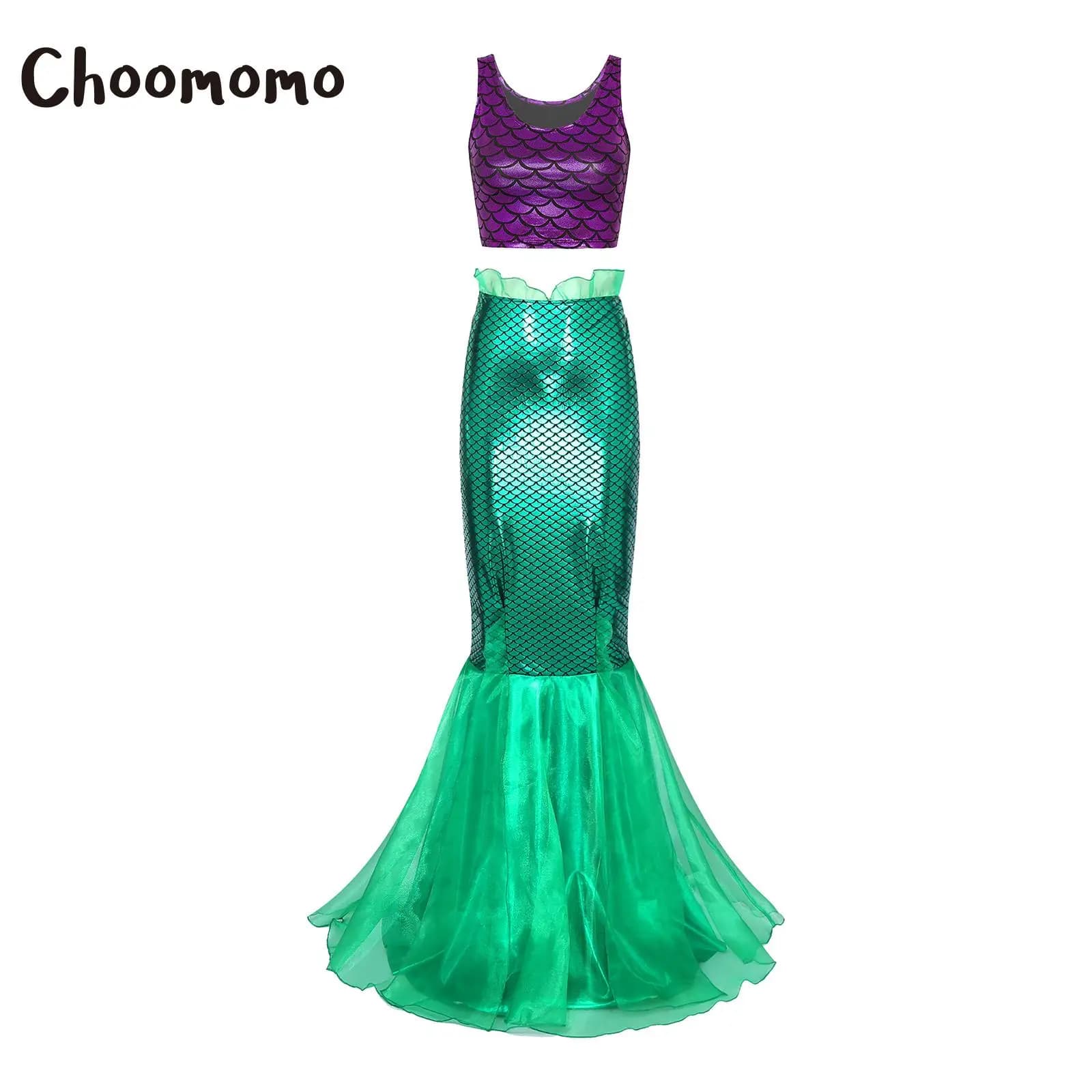 Costume da Sirena per Halloween da Donna, Top Metallizzato con Stampa a Squame di Pesce e Gonna a Coda di Pesce in Tulle, Set per Travestimento