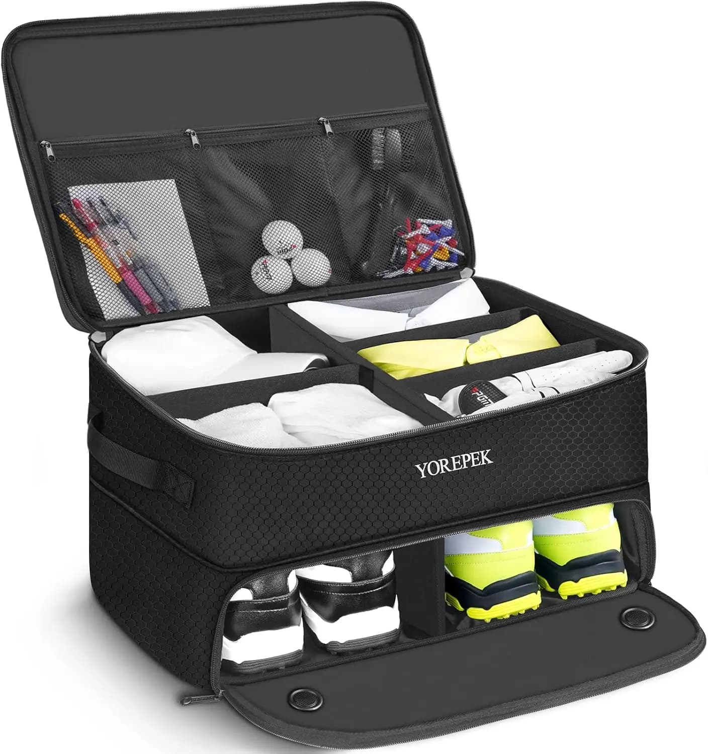 Organizer per Bagagliaio da Golf a 2 Livelli con Scomparto Ventilato per Scarpe, Contenitore Impermeabile per Palline e Attrezzatura