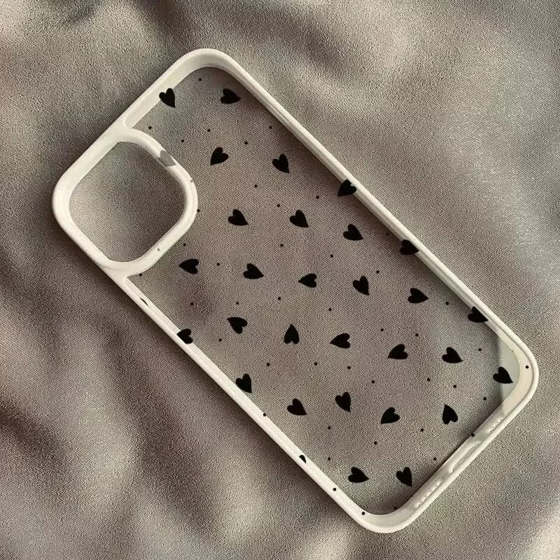 Chic Tiny Black Heart Ditsy Pattern Clear Phone Case Glossy Black Frame Cool Aesthetic Anti‑Drop Soft Shell For All iPhone Series
