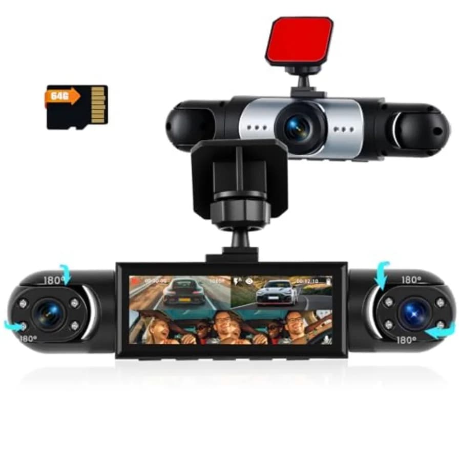 Car dashboard and interior use, ABS plastic, black, 4-channel 360 1080P dash cam with super night vision, loop recording, G-sen