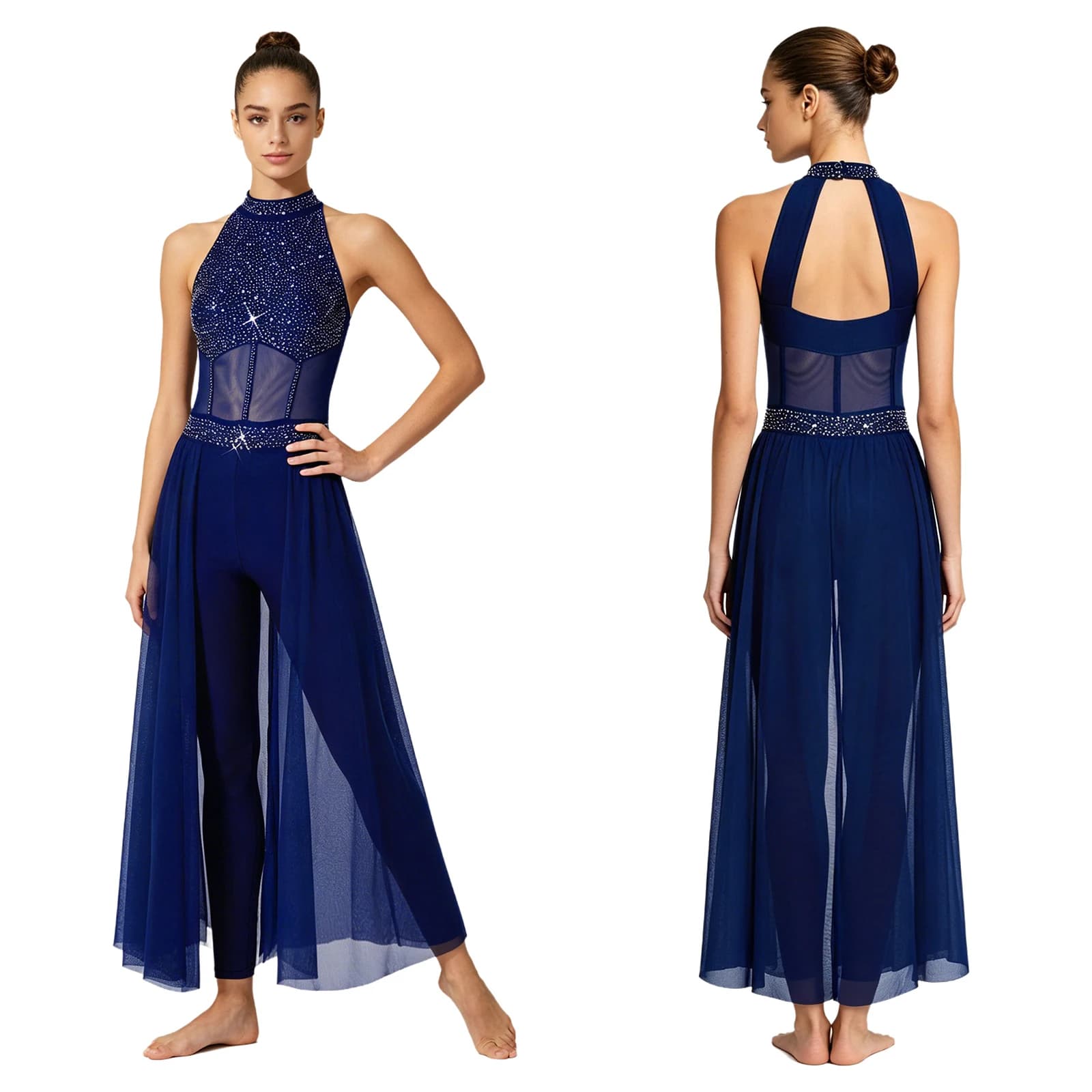 Women Shiny Rhinestone Mesh Modern Lyrical Dance Outfit Jumpsuit Dress Figure Skating Ballet Gymnastics Acrobatics Dancewear
