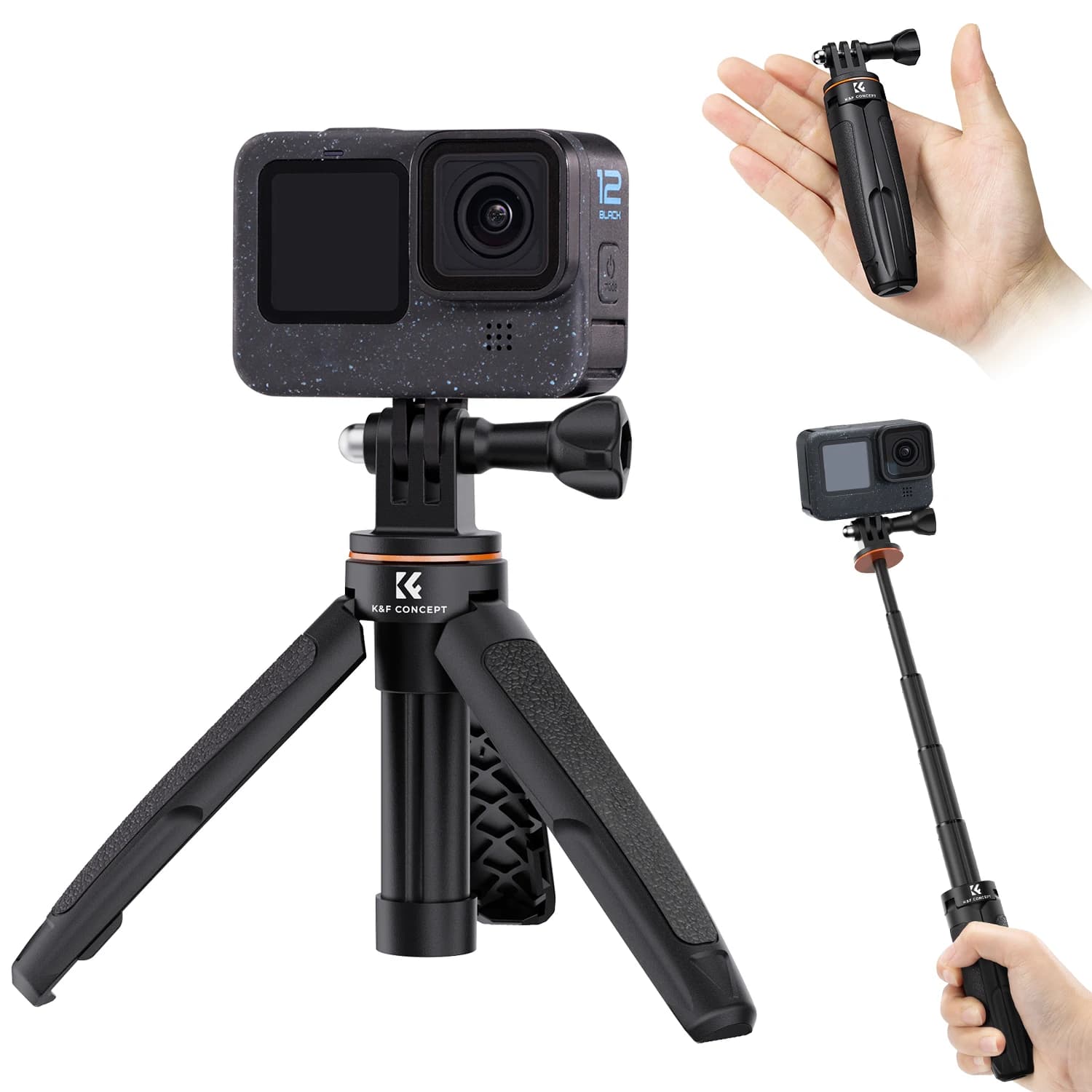 K&F CONCEPT MS03 Treppiede per telefono da 13''/33 cm, supporto da tavolo per selfie stick (dimensioni ridotte) per Gopro, Action e Insta, colore nero e arancione
