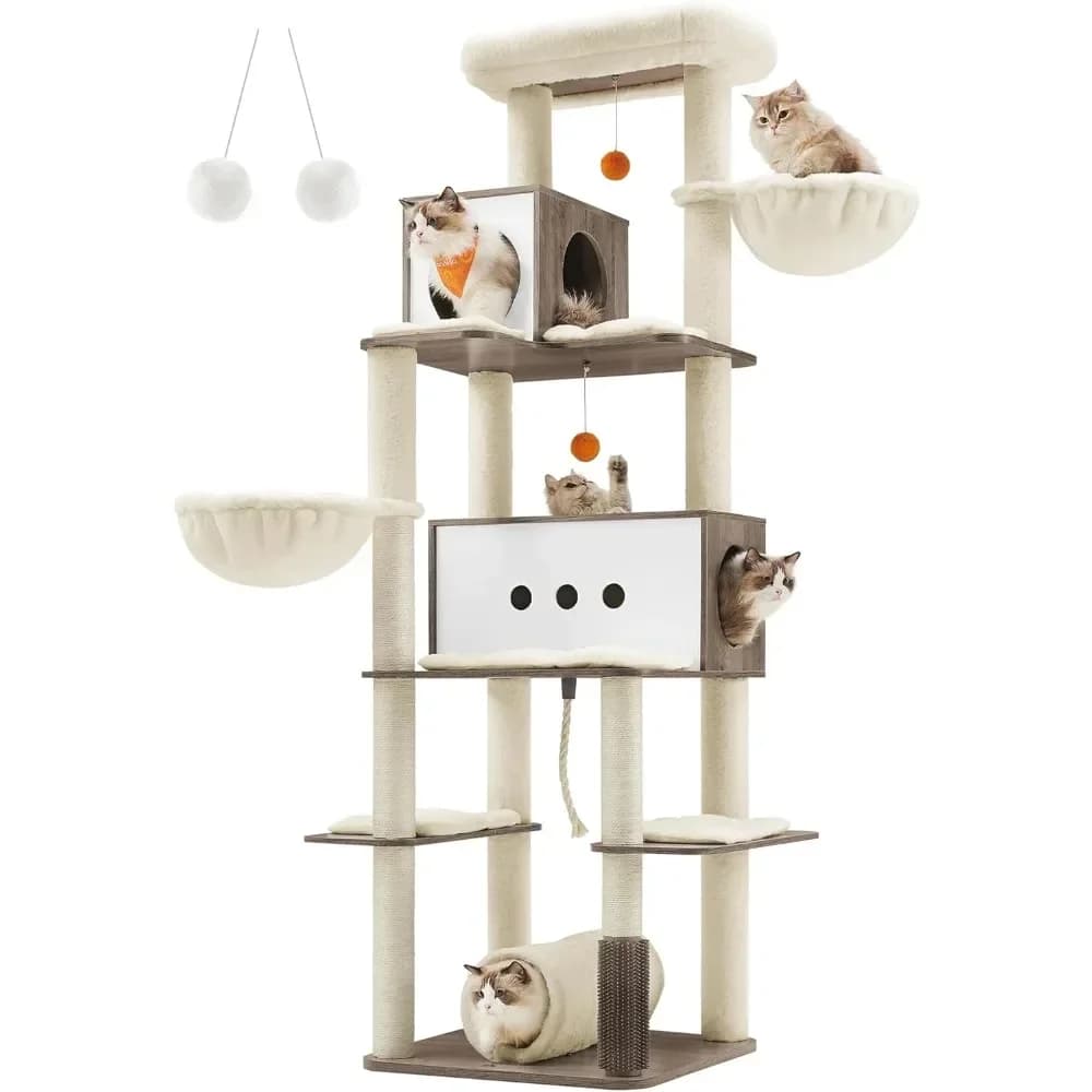 Albero per Gatti Feandrea in Offerta, Torre Moderna per Gatti di Grandi Dimensioni da Interni, 197 cm di Altezza, Multi-Livello con 2 Grotte e 2 Amache