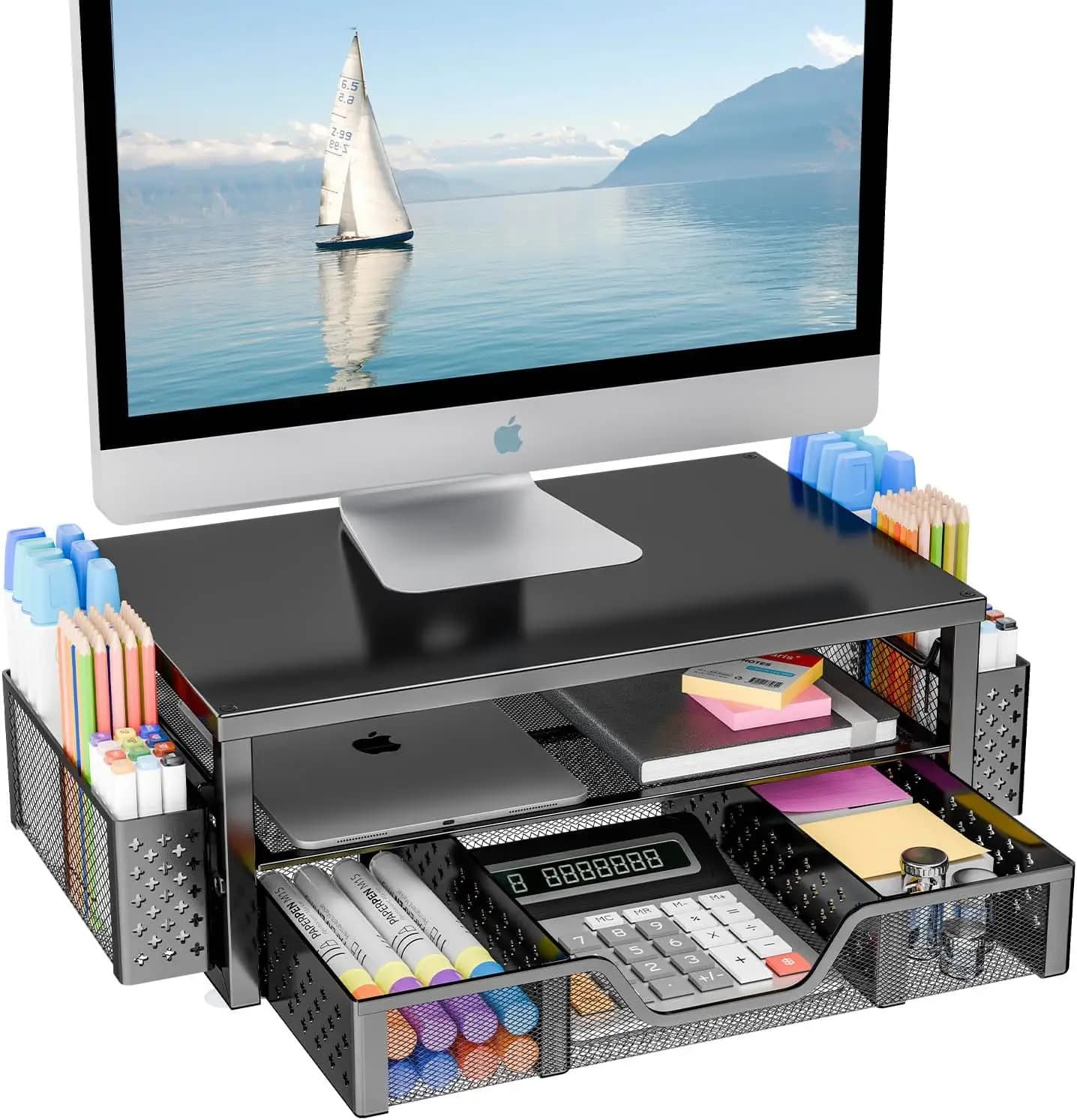 Supporto per Monitor a 2 Livelli con Cassetto e 2 Portapenne, Organizzatore da Scrivania per Casa e Ufficio, Nero