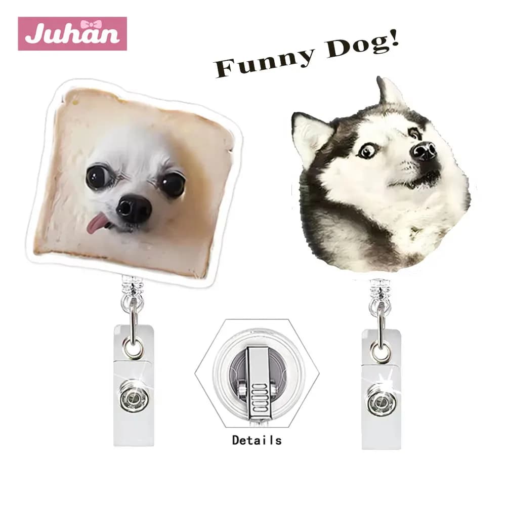 Retractable Name Tag Holder Keychain Acrylic Id Card Holder Clip-On Funny Dog Badge Reel For Nurse Teacher School Jewelry Gifts