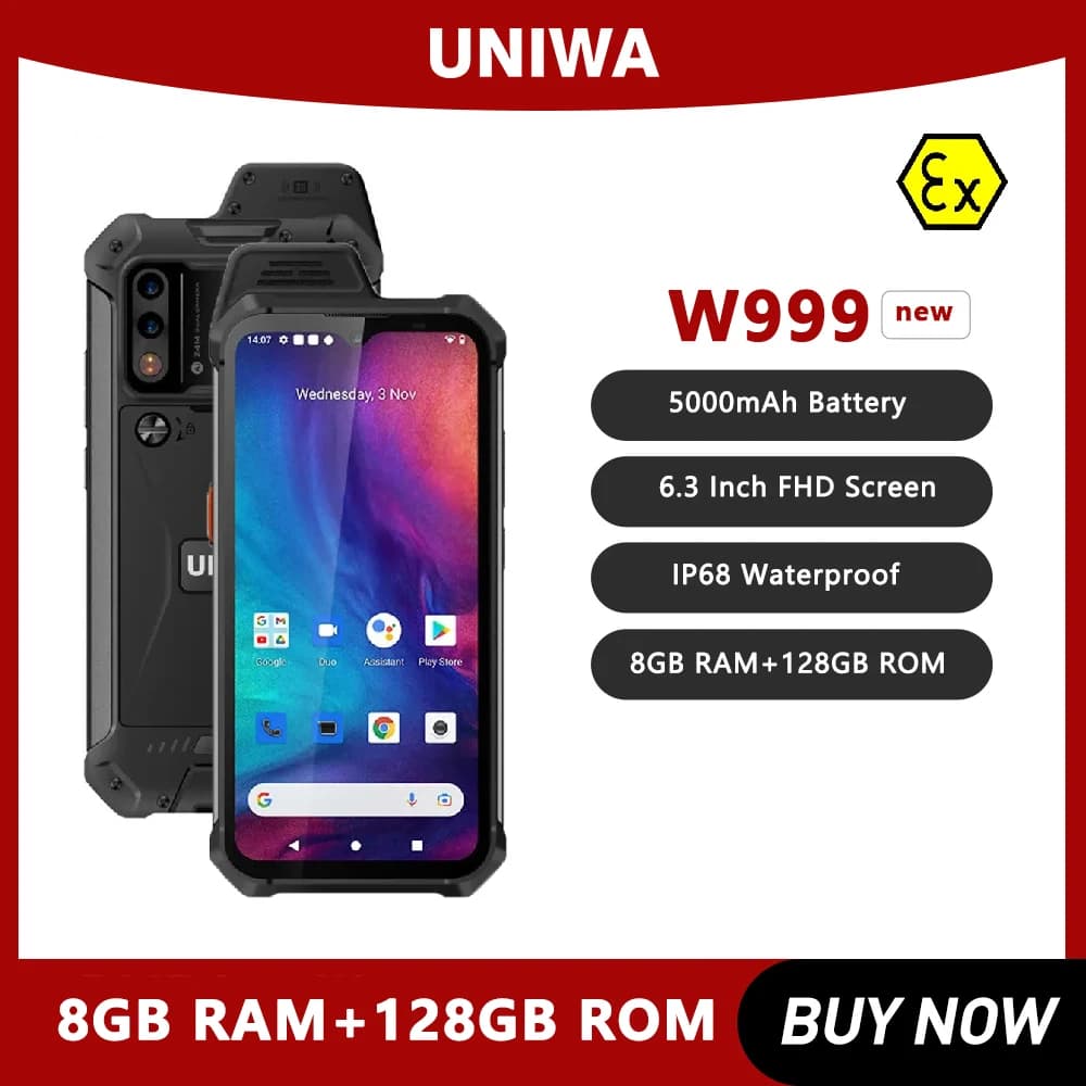 UNIWA W999 ATEX Explosion IP68 Walkie Talkie 6,3 pollici FHD Helio G99 8GB + 128GB 4400mAh Smartphone Andriod NFC