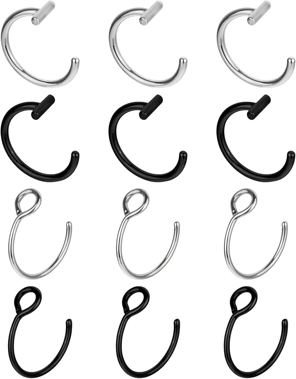 Set di 12 Anelli per Labbra in Acciaio Inossidabile, 8mm Clip-On per Naso e Orecchie, Gioielli Non Forati per Donne e Uomini (Argento, Nero)