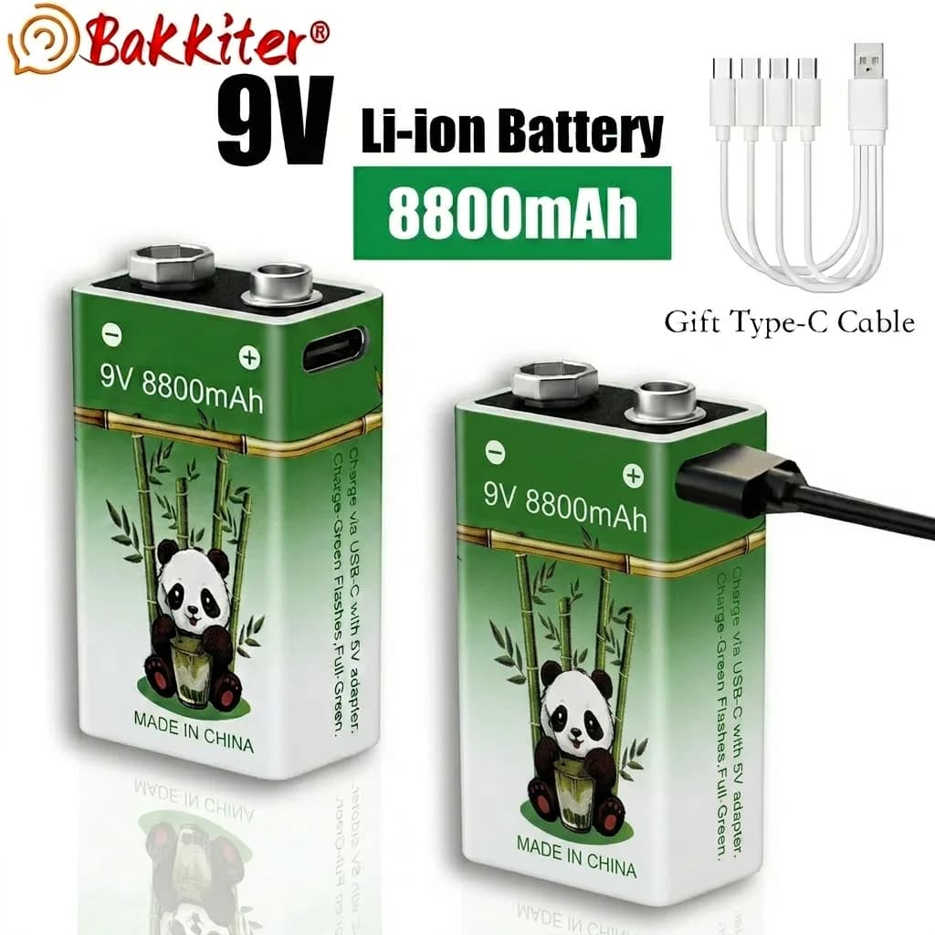 Batteria Ricaricabile agli Ioni di Litio 9V a Lunga Durata 8800mAh Alta Capacità per Chitarra Microfono Rilevatore di Fumo Pedale con Cavi