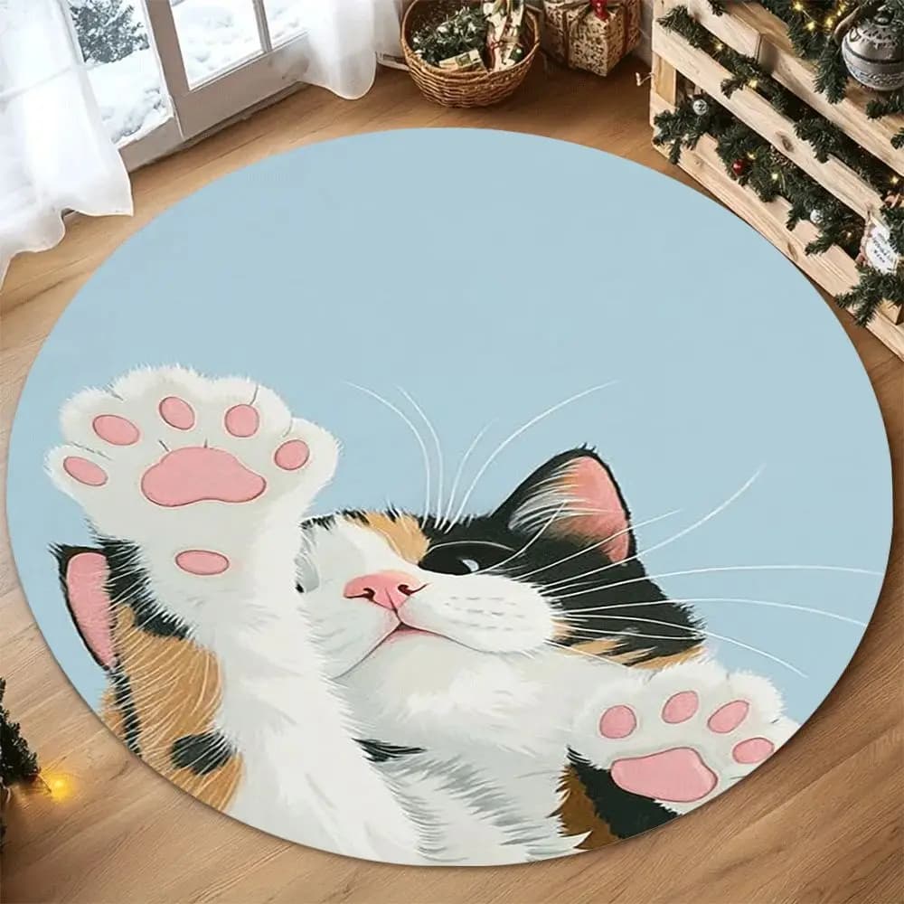 Tappeto Rotondo con Stampa di Zampe di Gattino, Creativo Tappetino Circolare con Motivo Impronta di Gatto per Soggiorno, Camera da Letto, Arredamento Casa