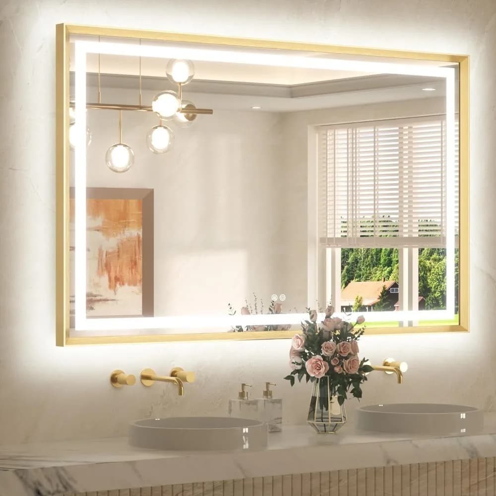 Nuovo aggiornamento - Specchio LED da bagno 55 x 36 con struttura in metallo dorato spazzolato Specchio cosmetico retroilluminato e retroilluminato Dimmerabile continuo Antiappannamento