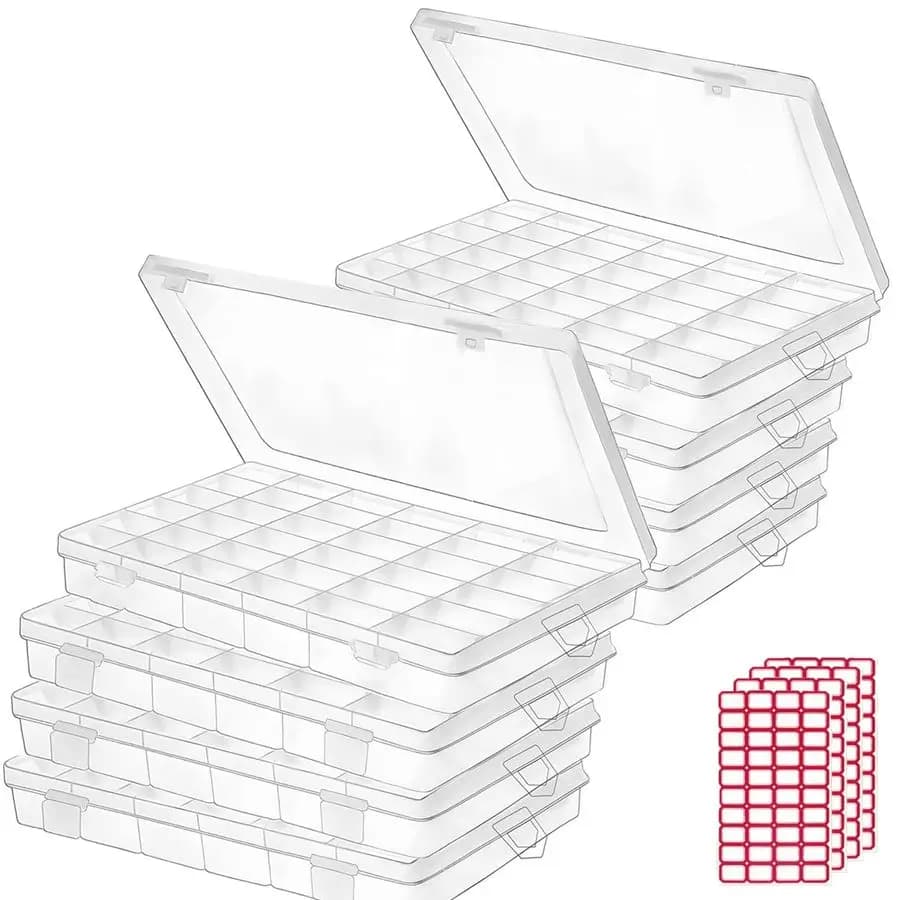 36 compartment transparent plastic organizer box with adjustable dividers for the preservation of beads, jewelry, fishing gear and components.