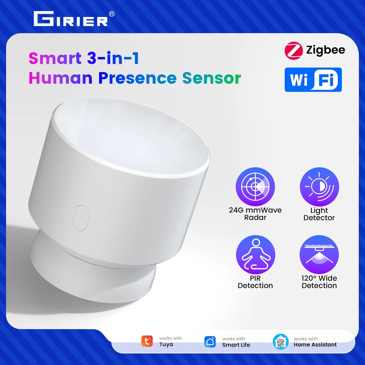 GIRIER Tuya ZigBee Human Presence Sensor 3-in-1 PIR Light Detector for Smart Home Automation Alarm Support APP Remote Monitoring