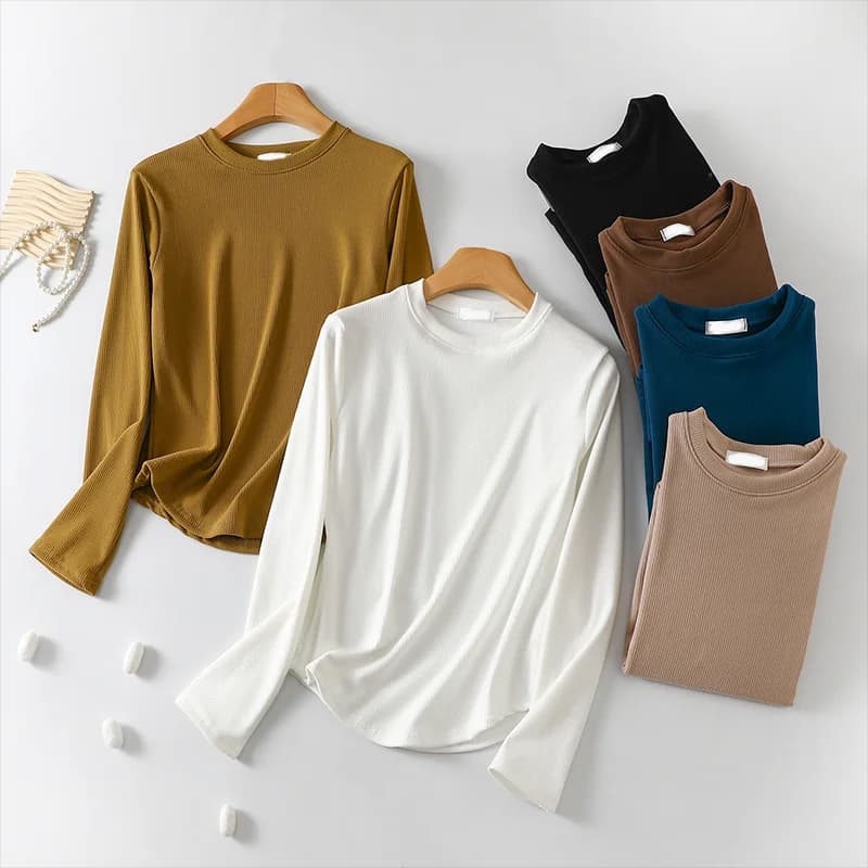 Thickened Long Sleeve round Neck Base Shirt Women's Autumn Winter Pure Color Inner Wear T-Shirt Layering Ribbed Dervo Top