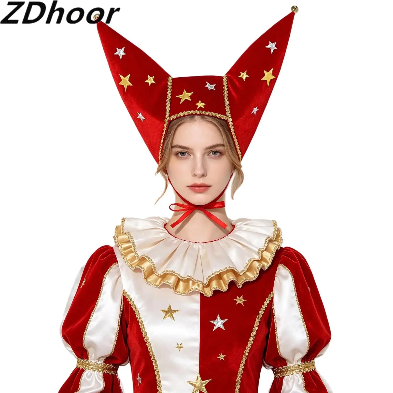 Adults Carnival Circus Costume Accessory Halloween Party Clown Dress-up Hat Metallic Stars Velvet Jester Cap with Bells