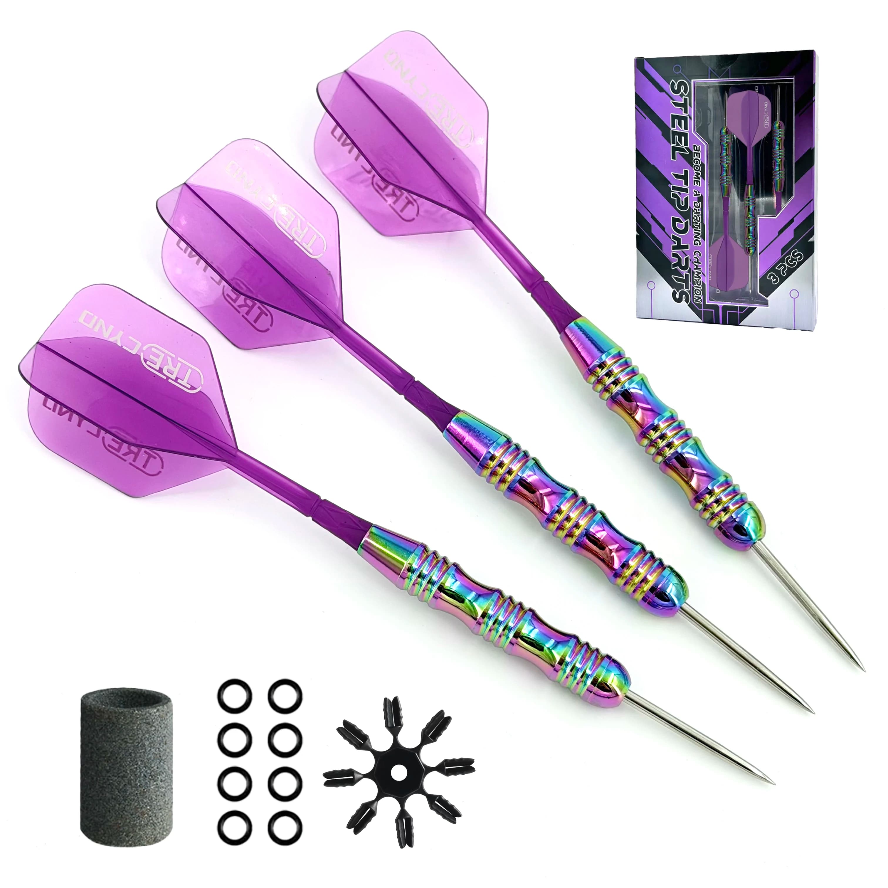 Rainbow Plated Metal Steel Tip Darts Kit 3 Pack Purple One Piece Dart Flights Complete Accessories For Indoor Dartboard Game