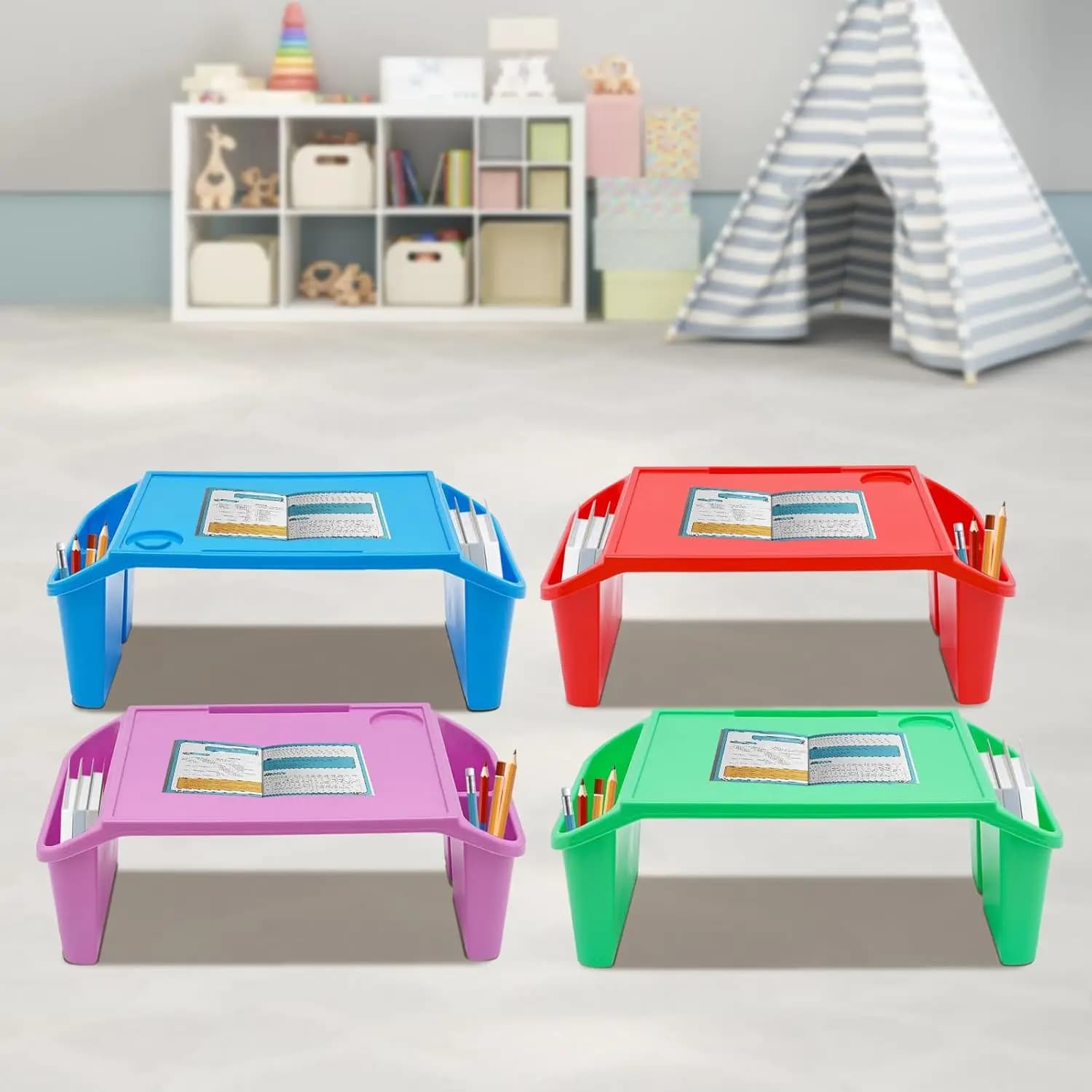 4-Piece Kids Portable Lap Desk Set – Multicolor Breakfast Trays with Side Pockets & Cup Holder, Folding Laptop Table for Bed, Couch & Floor Use
