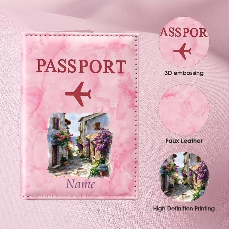 Personalized Name European Town Floral Landscape Illustration PU Passport Holder, Depicting The Romantic Mediterranean Style