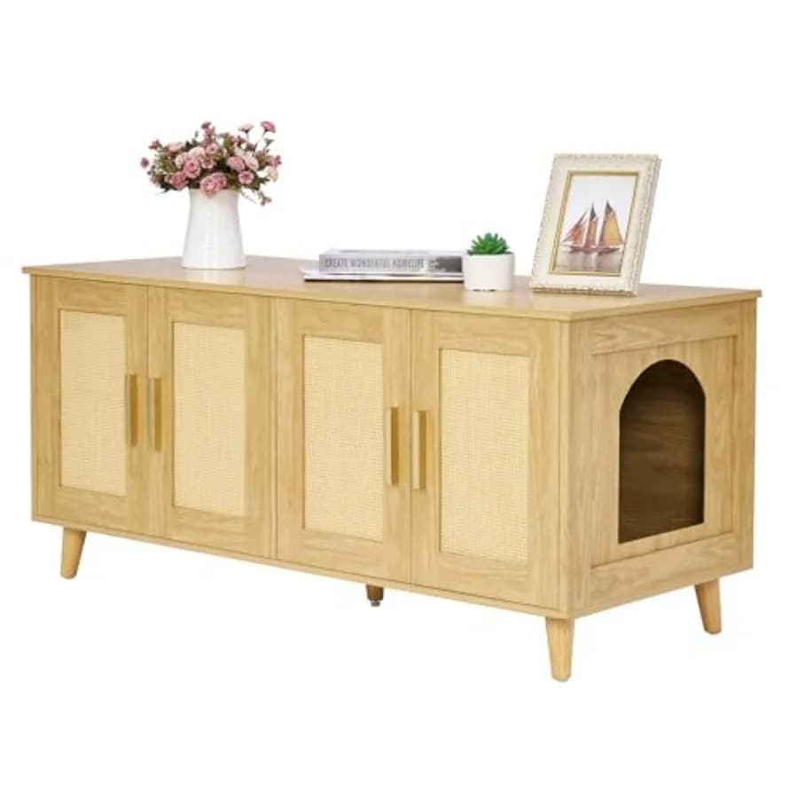 Mobiletto per lettiera per gatti Boho per 2 gatti, mobiletto in legno per gatti con doppie porte decorate in rattan, casetta per animali domestici, 47,2"L x