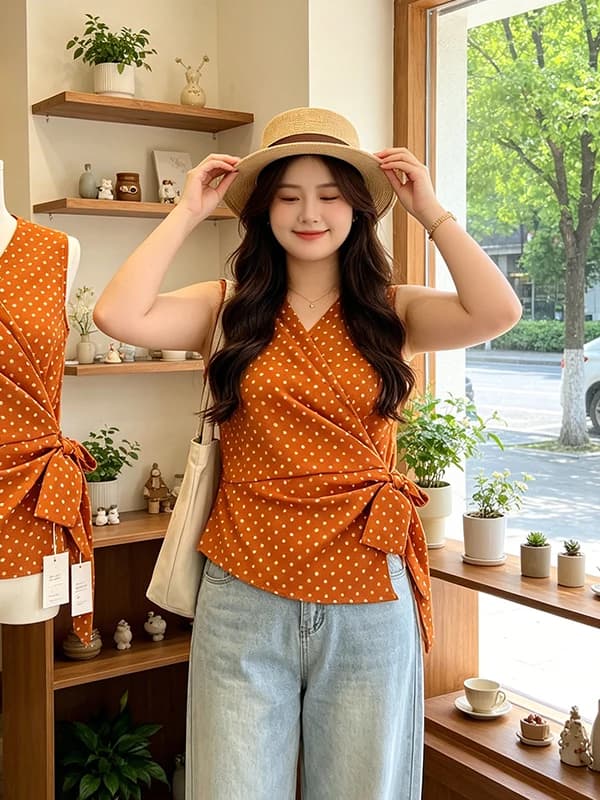 plus Size Polka Dot V Neck Cross Belted Slim Fit Sleeveless Shirt Women's Summer New Style Versatile Top Korean Style Commute