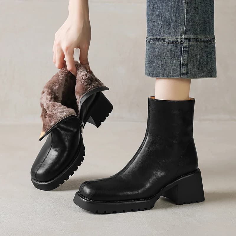 2026 new autumn winter women ankle boots natural leather plus size 22-25cm split leather+wool side zip thick heel short boots