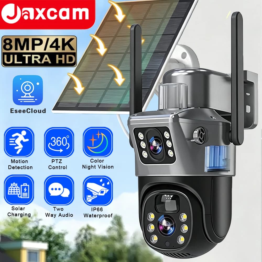 Telecamera Solare EseeCloud per Esterni, Doppia Lente WiFi 8MP 4K, Telecamera IP con Pannello Solare, Sicurezza CCTV con Batteria Integrata, Sensore PIR